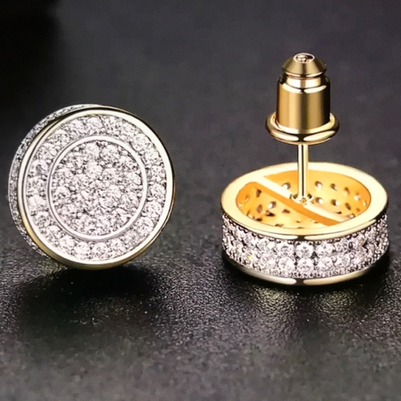Men two tone circle shape bling icy earrings Cuban style rock hip hop